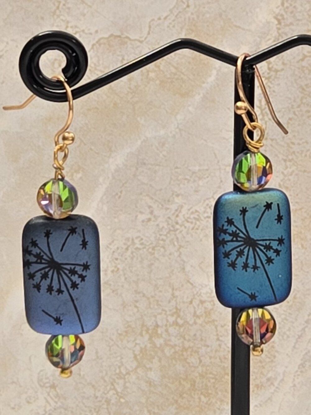 HAND CRAFTED Czech Glass Earrings w/Laser Etched Dandelions & Swarovski Crystals